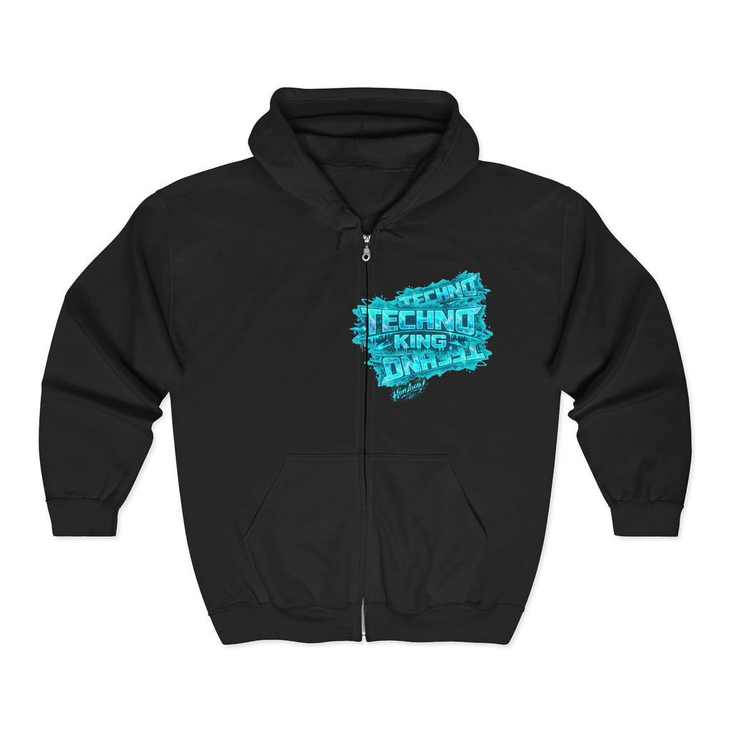 Techno King Zip Hoodie — Retro Neon DJ Rave Streetwear