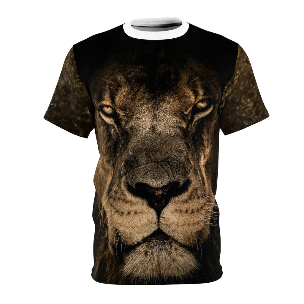 Lion Face Graphic Tee — Bold All-Over Print Animal Portrait T-Shirt