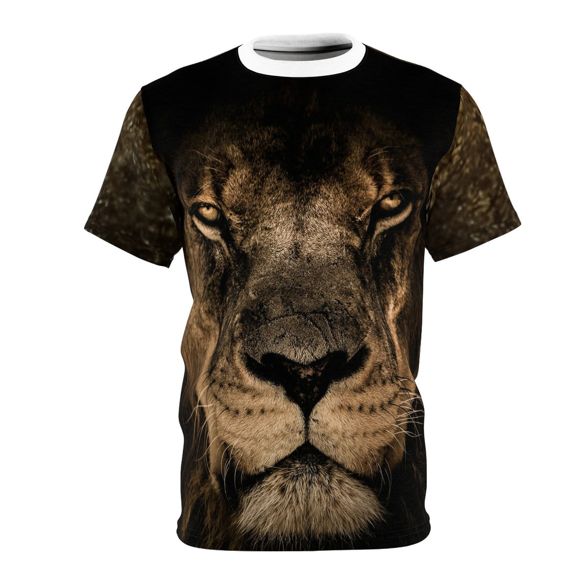 Lion Face Graphic Tee — Bold All-Over Print Animal Portrait T-Shirt