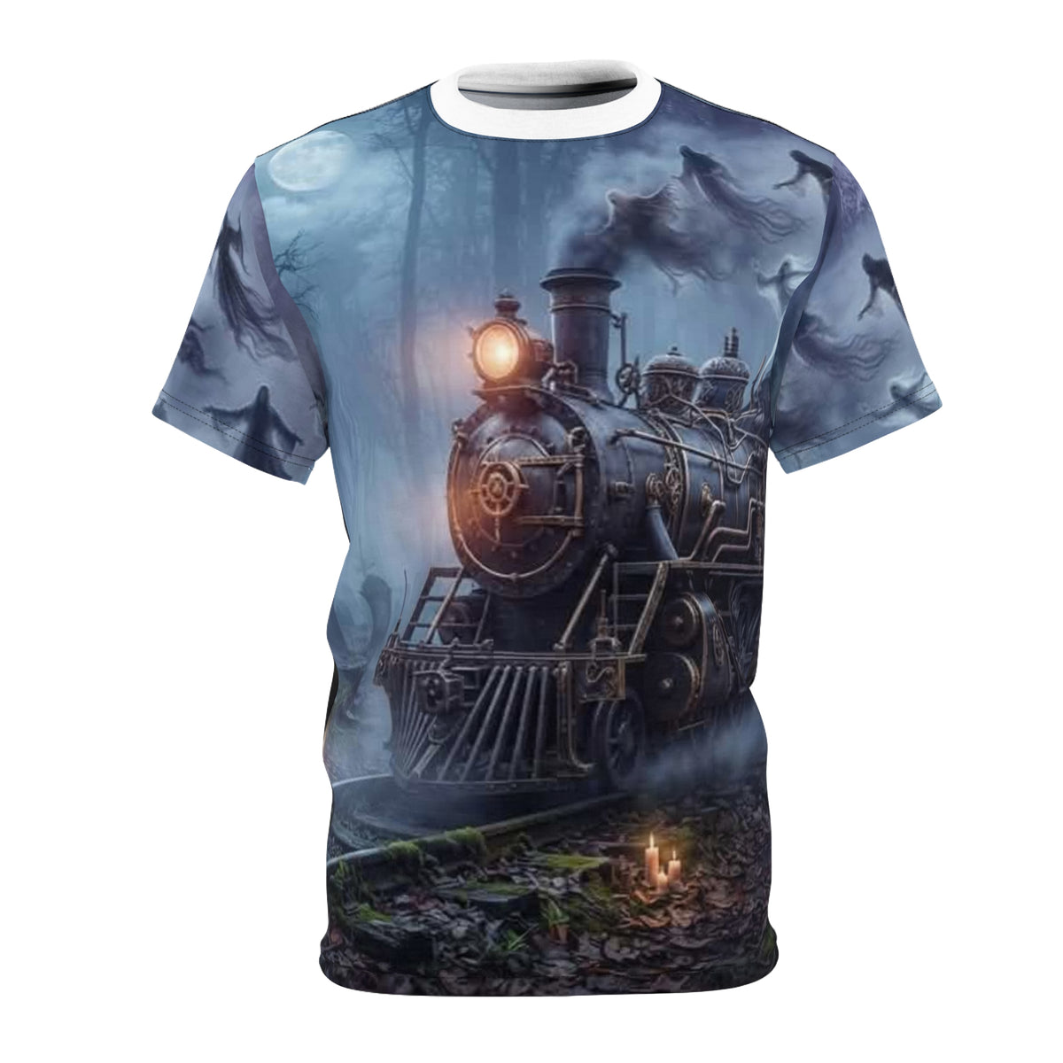 Vintage Steam Train Tee — Moody Forest Locomotive All-Over Print
