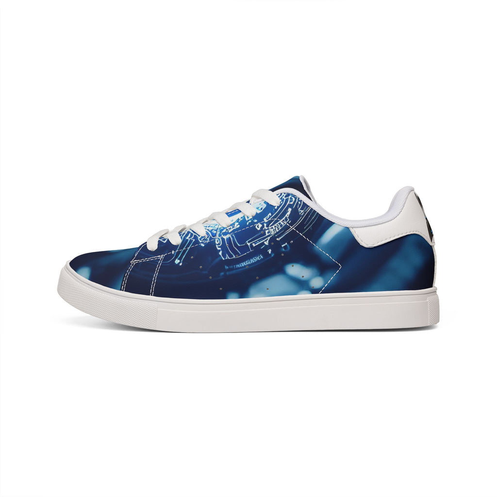 Hunaway Low-Top Sneakers — Blue Tech Circuit Pattern Leather Shoes
