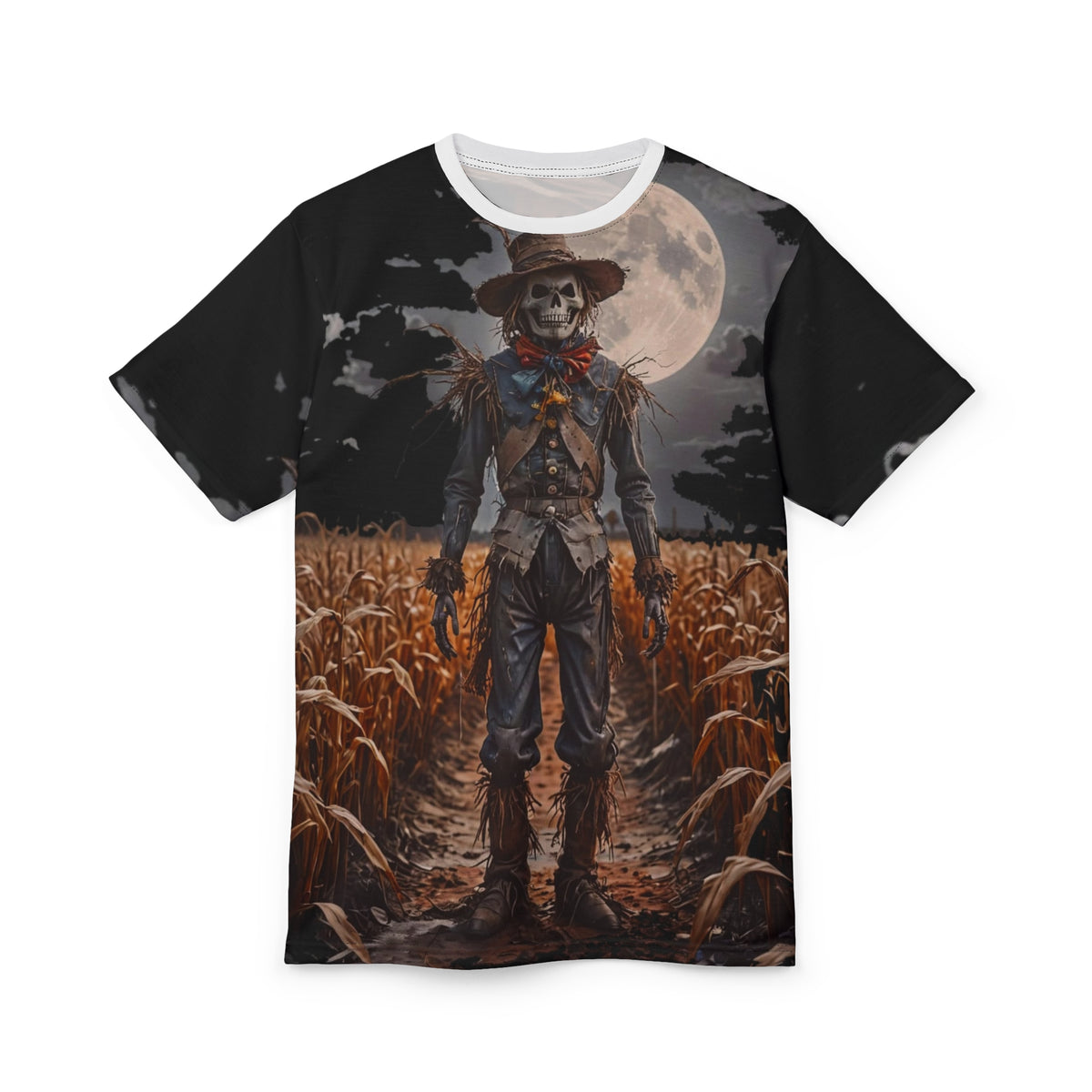 Scarecrow Skull Tee – Spooky Harvest Halloween All-Over Print Shirt