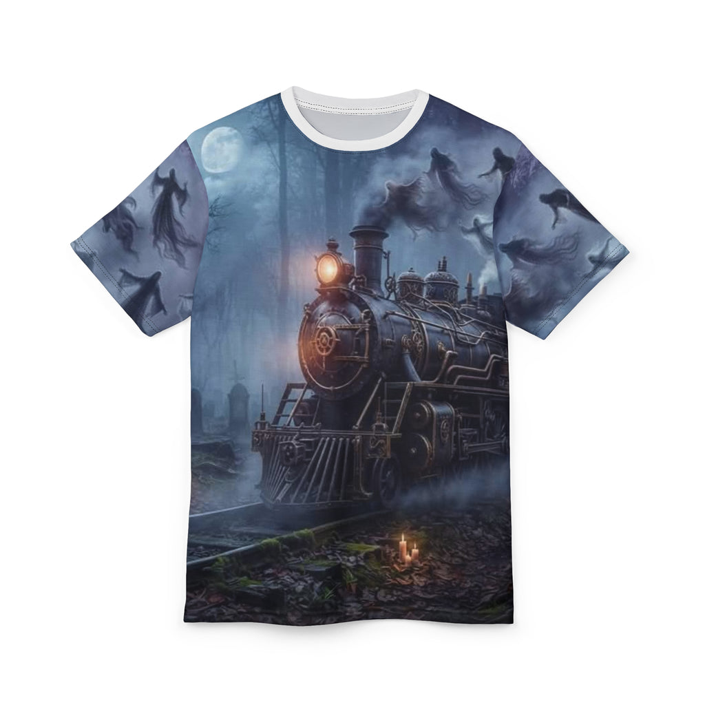 Vintage Steam Train Tee — Moody Forest Locomotive All-Over Print