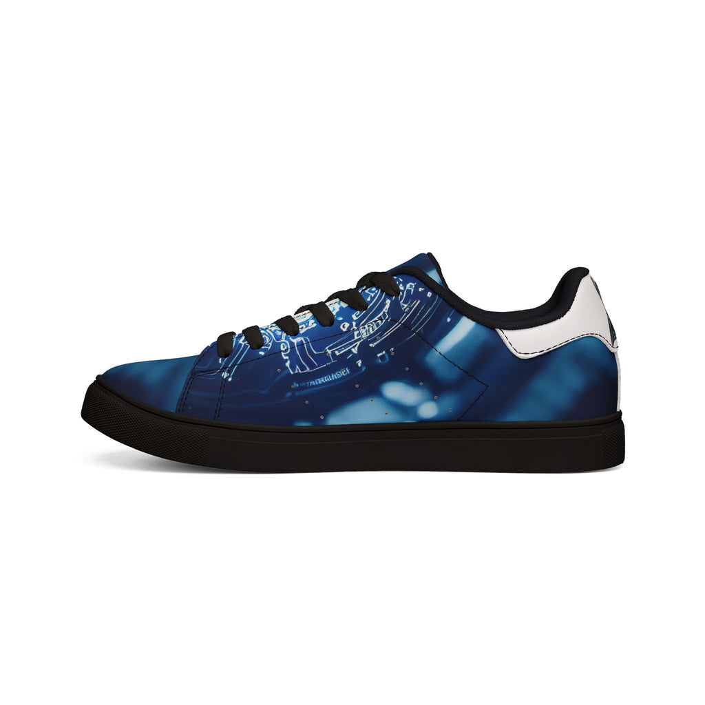 Hunaway Low-Top Sneakers — Blue Tech Circuit Pattern Leather Shoes